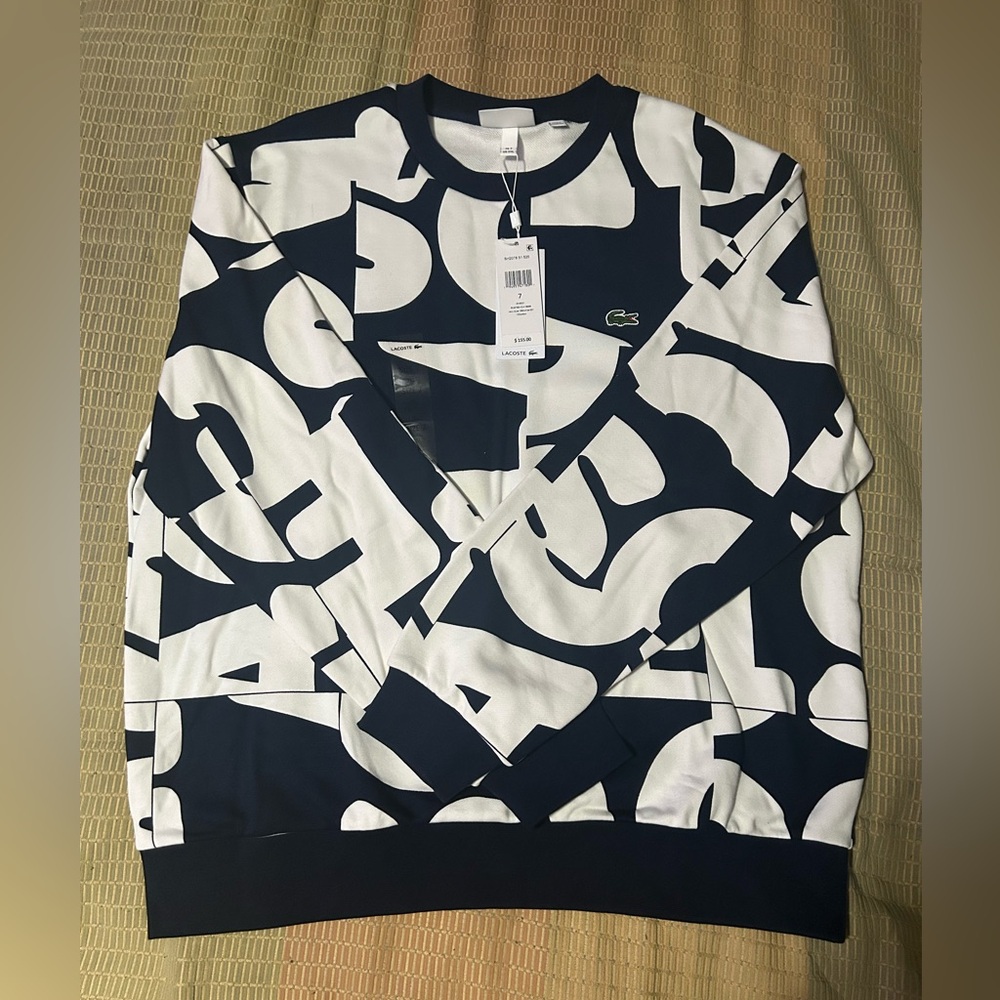 Lacoste Men's Graphic Navy and White Crewneck Sweater